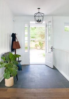 an entry way with a potted plant and coat rack