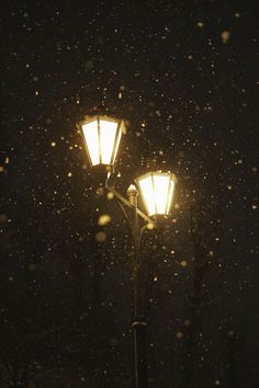 two street lights in the snow at night