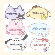 some cute cartoon animals with welcome signs on them