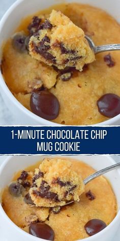 chocolate chip mug cake in a white bowl with spoons full of pudding and one half eaten