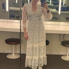 I Have A Few Gunne Sax And This Is Right On Par With Those. Same Exact Styling, Fit, Qualityit Is Not Tagged Other Than A Little One With Cleaning Instructions. It Could Have Been A Gunne Or Someone Handmade? Either Way It’s Beautiful And Gathered Many A Compliment At The Florence + The Machine Concert At The Alice Tully Theatre In Nyc! Cream With Blue Roses. Pit-To-Pit 18” Hollow 45.5 Waist 15.5” With Tie To Tighten (Empire) Full Length From Back Neck To Hem 54” Sleeve Length 24” Model Is 5’5” For Reference Cottage Core. Hippie. Renaissance. Cream Cottagecore Prairie Dress With Ruffles, Vintage Cotton Prairie Dress With Puff Sleeves, Vintage Blue Long Sleeve Prairie Dress, Cottage Core Vintage, Vintage Long Sleeve Cream Prairie Dress, White Ruffled Vintage Prairie Dress, Vintage Prairie Dress, Gunne Sax, Prairie Dress