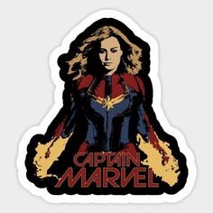 captain marvel sticker with the caption captain marvel written in red, yellow and blue