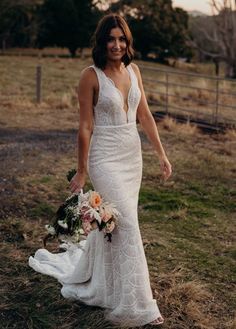 Details: Silhouette: Mermaid Style Fabric: Lace Fabric Color: White Color Length: Sweep-Train Neckline: V-Neck Sleeves: Sleeveless Back: Backless Long Beach Wedding Dresses, Bohemian Wedding Dress Lace, Wedding Dresses Mermaid, Beach Wedding Dress Boho, Bridal Gowns Mermaid, Dresses Mermaid, Lace Bridal Gown