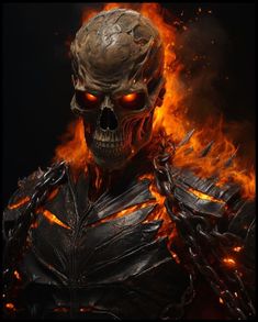 a demonic looking skeleton with flames in the background