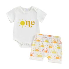 PRICES MAY VARY. Material: Tops: 95%cotton, 5%elastane; Trousers: 95%polyester, 5%elastane. The baby boy one sun birthday outfits are soft and breathable, gentle to babys skin. Fine workmanship, comfy and cozy to wear. Feature: Sun One birthday outfit; One birthday shirt: short sleeve romper bodysuit, sun letter print, bottom snap closure for easy diaper changing. Shorts: Elastic waistband, rolled hem. Easy to put on and take off; Adorable baby boy 1 year old birthday outfit, one year old boy bi Sunshine 1st Birthday Boy, Sunshine First Birthday Boy, Bday Shirts, Baby Boy Birthday Outfit, Summer Birthday Outfits, Bodysuit And Shorts, Birthday Baby Boy, 1st Birthday Outfit Boy, Sunshine First Birthday