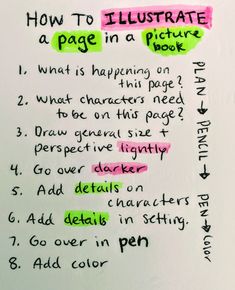 a piece of paper with writing on it and instructions for how to illustrate a page in a picture book