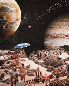 people sitting on beach chairs in front of planets