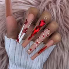 Beige Nails Design, Red And White Nails, Valentines Day Nail, Red Acrylic Nails, Nail Designs Valentines, Valentine Nails, Cute Acrylic Nail Designs, Long Acrylic Nails Coffin