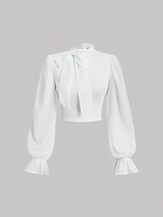 Women's White Lantern Sleeve Shirt With Ribbon Collar,Fall Clothes,Halloween Clothes,Long Sleeve Women Tops,Bow Shirt White Elegant  Long Sleeve Woven Fabric Plain Top Slight Stretch  Women Clothing, size features are:Bust: ,Length: ,Sleeve Length: Ruffle Neckline Blouse, White Bow Blouse, Long Sleeve White Top Outfits, Royalcore Clothes, Shirt With Ribbon, Puffy Shirt, White Tops Outfit, Fancy Tank Tops, White Ribbon Bow