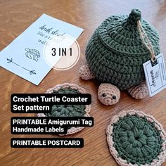 crochet turtle coasters and pot holders on a table with price label for 3 in 1