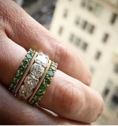 Stacked Rings Diamond, Stacked Gemstone Rings, Esmeralda Jewelry, Ring Stack, Jewelry Inspo, Gold Jewelry Fashion, Vintage Jewellery