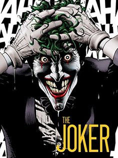 the joker from batman comics with his hands on his head and green hair in front of him