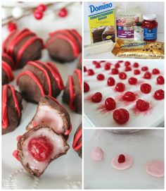 the collage shows different types of desserts, including cherries and chocolate candies