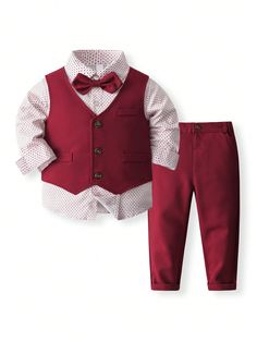 Young Boy Formal Dress Suit Vest, Polka Dot Shirt, And Long Pants 3pc Set Red Party  Long Sleeve Polyester,Woven Fabric Colorblock  Non-Stretch  Young Boys Clothing, size features are:Bust: ,Length: ,Sleeve Length: Dress Suit Vest, Maroon Suit, Chest Design, Dot Shirt, Red Party, Polka Dot Shirt, Dress Suit, Formal Suits