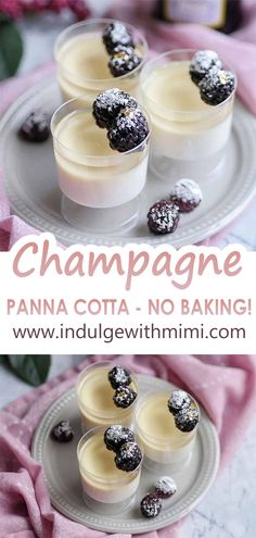 Champagne panna cotta on a small plate and dusted with powdered sugar. Elegant Deserts, Fancy Desserts Recipes, Valentines Dinner, Fine Dining Desserts, Panna Cotta Recipe, Prosecco Cocktails, Wine Dinner