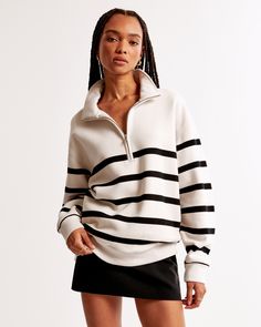 Women's Essential Vintage Sunday Half-Zip | Women's Tops | Abercrombie.com Athleisure Outfits, Comfy Sweatshirt, Mock Neckline, Women Essentials, Fall Style, Hoodie Top, Half Zip, Black Stripes, Straight Jeans