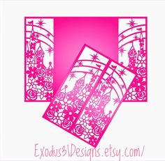 two pink paper cut designs with flowers and stars in the center, on a white background