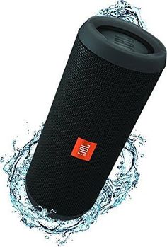 the jbl flip 3 waterproof portable speaker is black with an orange logo on it