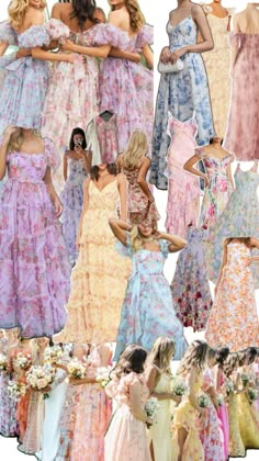 many different types of dresses are shown in multiple colors and sizes, including pink, blue,