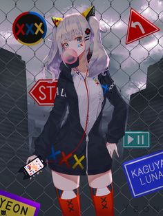 an anime character is standing in front of a fence with various street signs on it