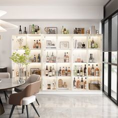 a room filled with lots of bottles and chairs next to a wall full of shelves