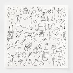 a piece of paper with doodles on it and various items drawn in the shape of hearts