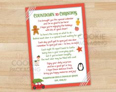 a christmas poem is displayed on a wooden table with a red car and snowman