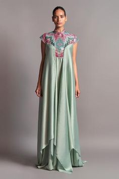 Shop for Amit Aggarwal Green Metallic Draped Layered Dress for Women Online at Aza Fashions Amit Aggarwal, Double Layer Dress, Indian Outfits Lehenga, Designer Kurti Patterns, Casual Indian Fashion, Net Dress, Layered Dress, Designer Dresses Casual, Muslim Fashion Outfits