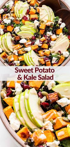 sweet potato and kale salad with apples, cranberry sauce, feta cheese and spinach