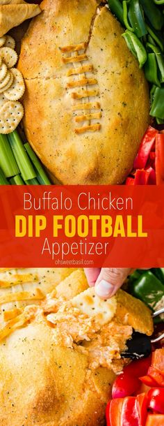 the buffalo chicken dip football appetizer is ready to be eaten