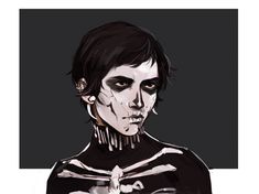 a drawing of a man with black hair and makeup, wearing skeleton make - up