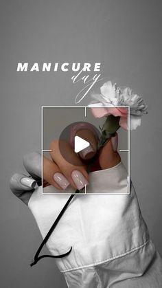 a woman holding a flower in front of her face with the words manicure on it