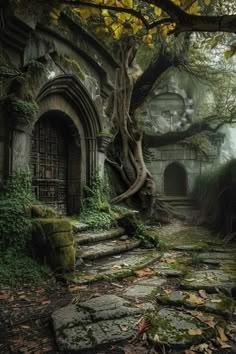 an old building with trees growing out of it