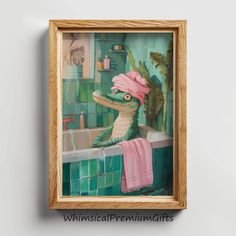 a painting of a crocodile taking a bath with a pink hat on it's head