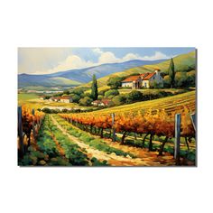 a painting of a vineyard with houses and mountains in the background