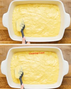 two pictures showing how to make the batter for cake