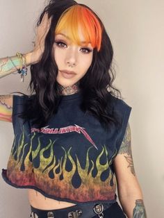 2023 Alt Hair Trends, Vivid Bangs, Black Hair Colored Bangs, Black Hair With Colored Bangs, Black Hair With Orange, Front Bangs Dyed, Bangs Alternative, Orange Bangs, Cruella Hair