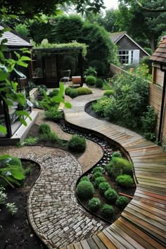 an outdoor garden with wooden steps and landscaping