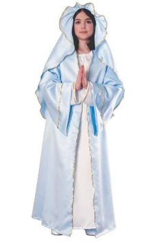 a statue of the immaculate mary in blue and white robes with her hands folded up