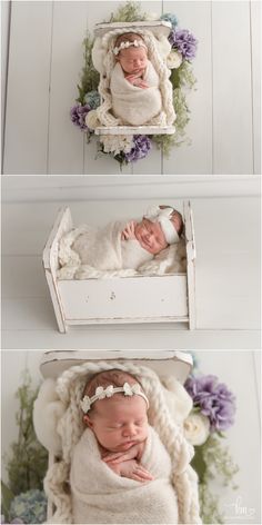 three photos of newborn babies in their cribs with flowers on the sides and bottom