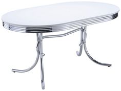 an oval white table with chrome legs