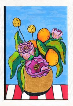 a painting of flowers and oranges in a vase on a striped tablecloth with a wooden frame