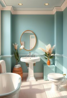 a bathroom with blue walls and white fixtures