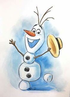 a drawing of a snowman with a hat on his head and a bell in his hand