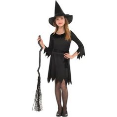 Your child is the cutest spellcaster this Halloween in the Lil Witch costume! This with costume features a black dress with tattered edges and an attached sash belt. A black pointed hat completes this classic witch look. Kids' Lil Witch Costume product details:  Dress  Attached sash belt Tattered hem and sleeves Polyester   Pointed hat  Nylon   Does not include shoes or prop Review the size chart for sizing information  Care Instructions:  Remove accessories before washing Hand wash cold with li A Witch Costume, Kids Witch Costume, Party City Costumes, Witch Costumes, Costume Noir, Witch Dress, Witch Girl, Witch Halloween Costume, Black Costume