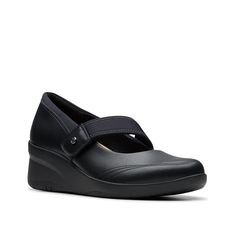 Clarks-Suttyn May Mary Jane Wedge Team up your work or casual attire with the Clarks Suttyn May Mary Jane wedge for a refined style statement. Crafted from premium leather, this round toe shoe comes with Ultimate Comfort footbed to provide maximal cushioning support.