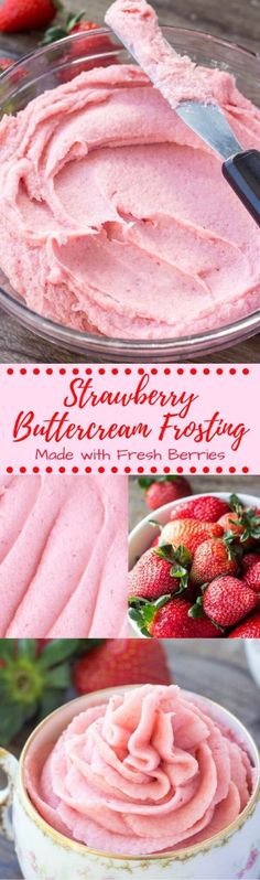 strawberry cream frosting in a bowl with strawberries on the side and text overlay