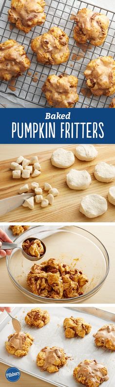 pumpkin fritters are cooling on a rack and in the process of being baked