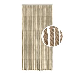 a brown and white striped curtain with fringes on the side, next to a round hole