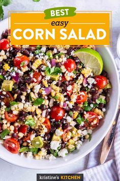 a bowl filled with corn salad on top of a table